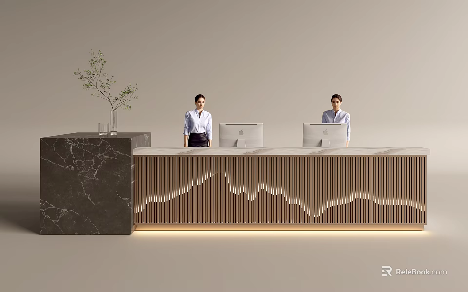 Modern Front Desk Reception Area With Two Receptionists Wooden Textured Counter And Green Plant Decoration 3d model 