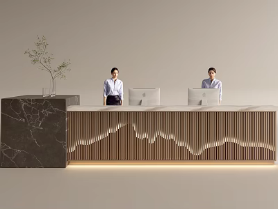 Modern Front Desk Reception Area With Two Receptionists Wooden Textured Counter And Green Plant Decoration 3d model