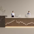 Modern Front Desk Reception Area With Two Receptionists Wooden Textured Counter And Green Plant Decoration