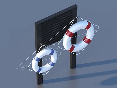 Hanging Life Rings On Black Rack With Red White And Blue White Colors 3d model