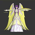 Fantasy Angelic Character With Purple Hair Yellow Wings Elegant Outfit And Staff