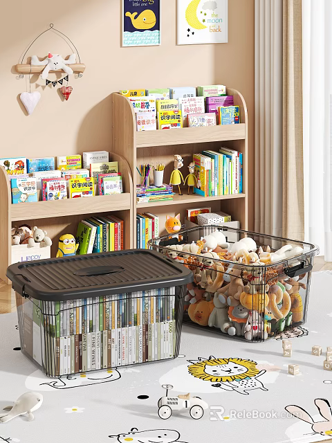 Kids Bookshelf With Organized Books Stationery And Stuffed Toys In Storage Bins 3d model 