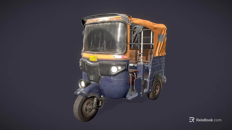 Vintage Tuk Tuk With Blue Body Orange Canopy Windshield And Yellow License Plate 3d model 