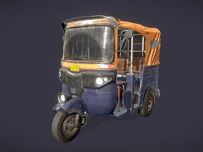 Vintage Tuk Tuk With Blue Body Orange Canopy Windshield And Yellow License Plate 3d model