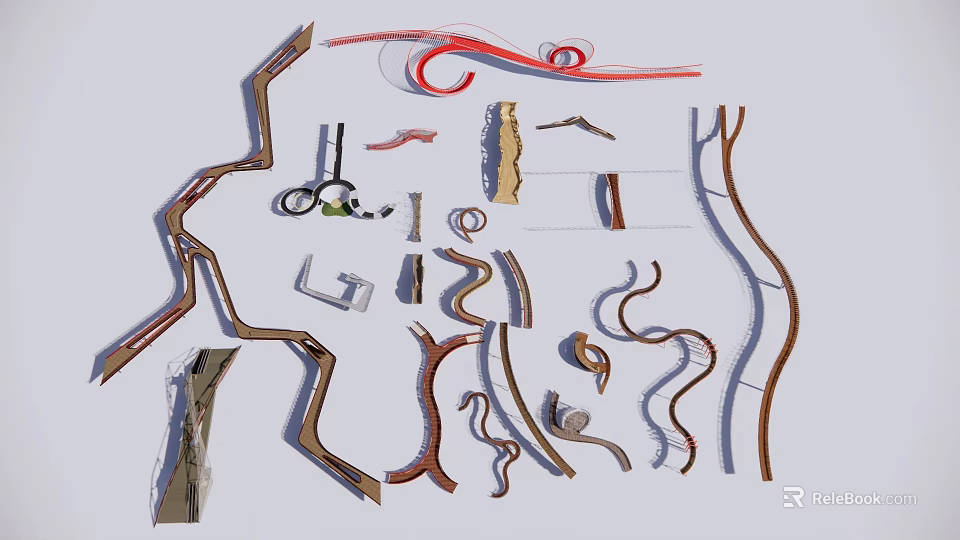 Modern Artistic Landscape Bridge Design With Curved Structures And Diverse Materials 3d model 