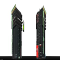 Cartoon Scene With Tall Black Towers Featuring Green Red Accents And Futuristic Design