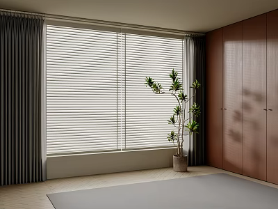 Modern Curtain Design With Window Blinds Plant Gray Carpet And Wooden Wardrobe Interior 3d model