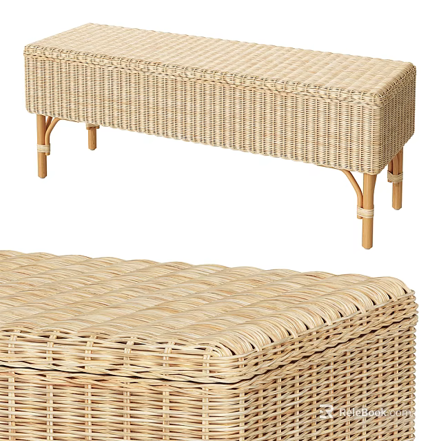 Natural Rattan Sofa Bench With Slender Wooden Legs For Living Room 3d model 