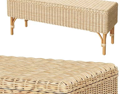 Natural Rattan Sofa Bench With Slender Wooden Legs For Living Room 3d model