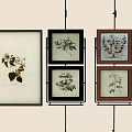 Abstract Paintings Featuring Botanical Patterns In Various Frame Colors For Wall Decoration With Bookshelf 3d model