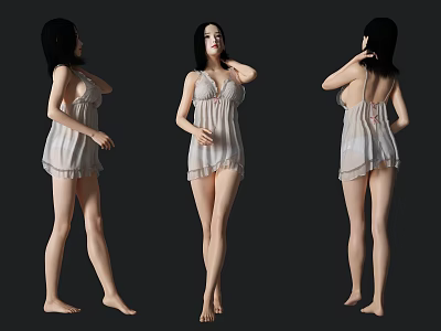 A Woman In Light Lace Nightgown Standing Barefoot From Different Angles 3d model