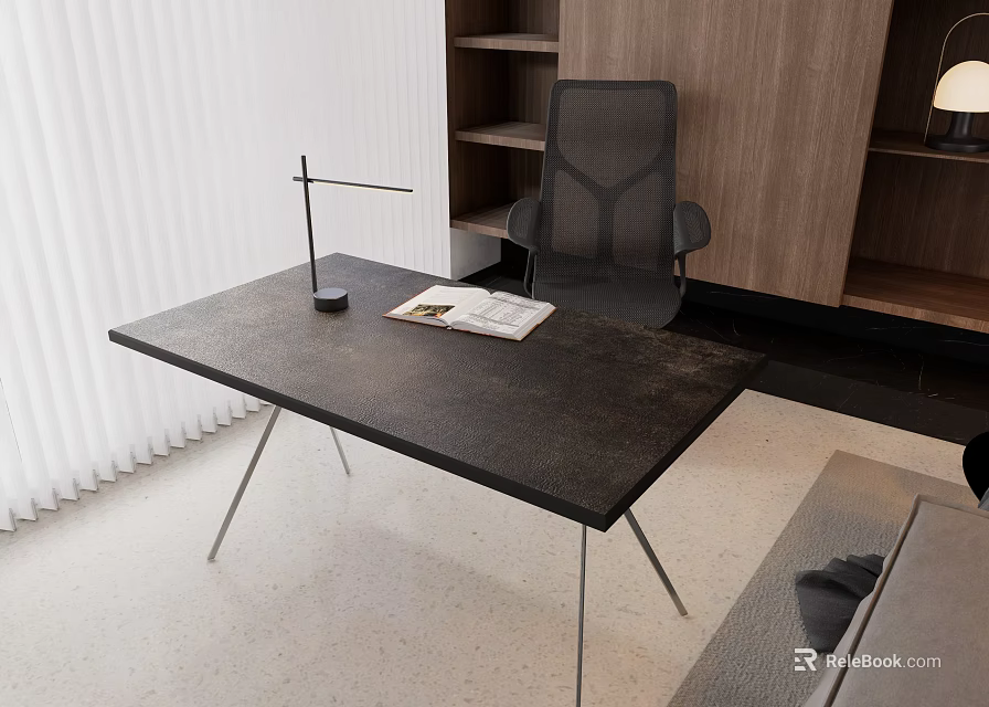 Modern Desk with Black Tabletop Metal Legs Lamp Open Book Gray Chair and Wooden Bookshelf 3d model 