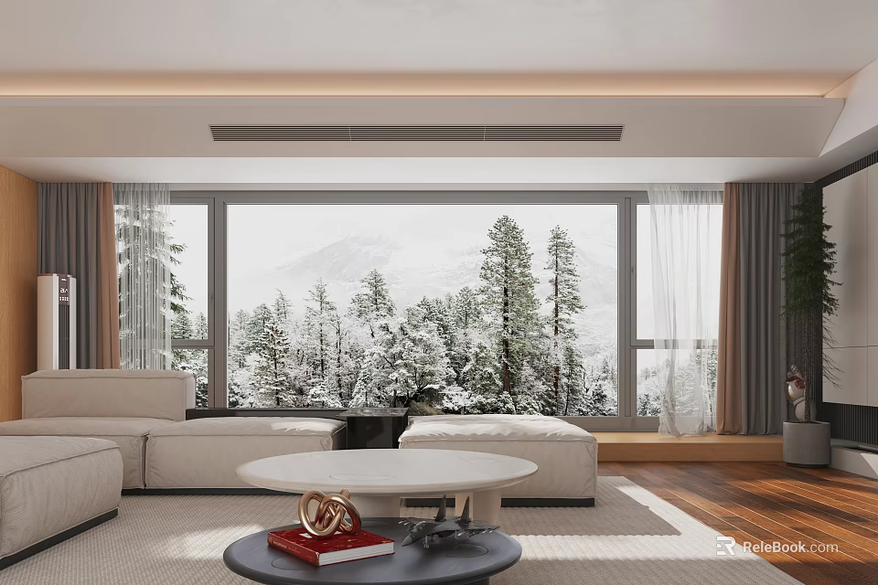 Modern Living Room Interior With Large Windows Snowy Landscape Beige Sofa And Wooden Flooring 3d model 