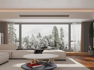 Modern Living Room Interior With Large Windows Snowy Landscape Beige Sofa And Wooden Flooring 3d model