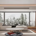 Modern Living Room Interior With Large Windows Snowy Landscape Beige Sofa And Wooden Flooring