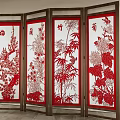 Traditional Four Panel Screen With Wooden Frame And Red Plum Orchid Bamboo Chrysanthemum Patterns