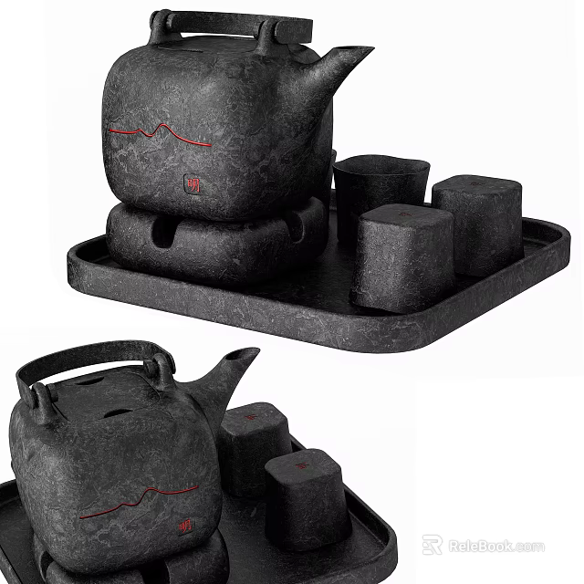 Minimalist Black Tea Set with Teapot Cups Tray and Red Accents 3d model 