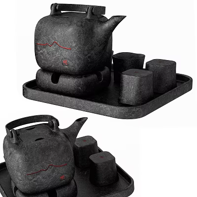 Minimalist Black Tea Set with Teapot Cups Tray and Red Accents 3d model