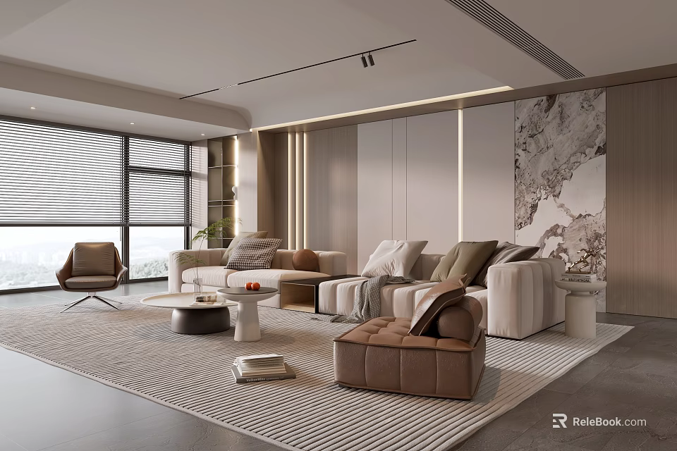Modern Living Room Interior With Beige Sofa Brown Armchair Striped Rug And Abstract Decorative Painting 3d model 
