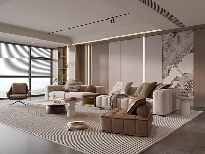 Modern Living Room Interior With Beige Sofa Brown Armchair Striped Rug And Abstract Decorative Painting 3d model