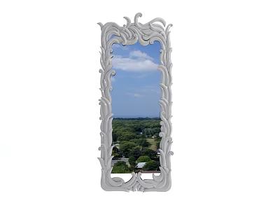 Ornate White Framed Decorative Mirror Reflecting Blue Sky Green Trees and Houses 3d model