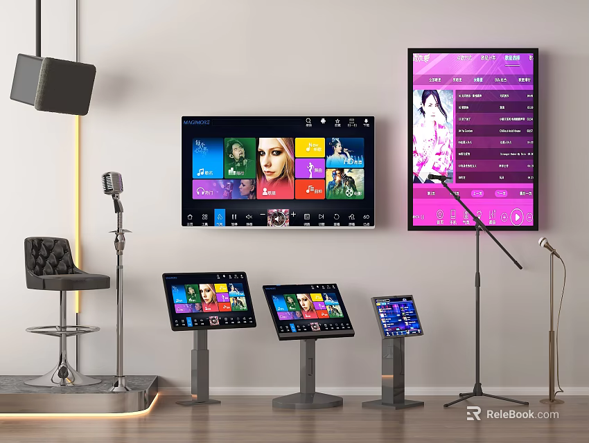 Modern Entertainment Electronics Setup With Multiple Screens Music Interface Microphones And Chairs 3d model