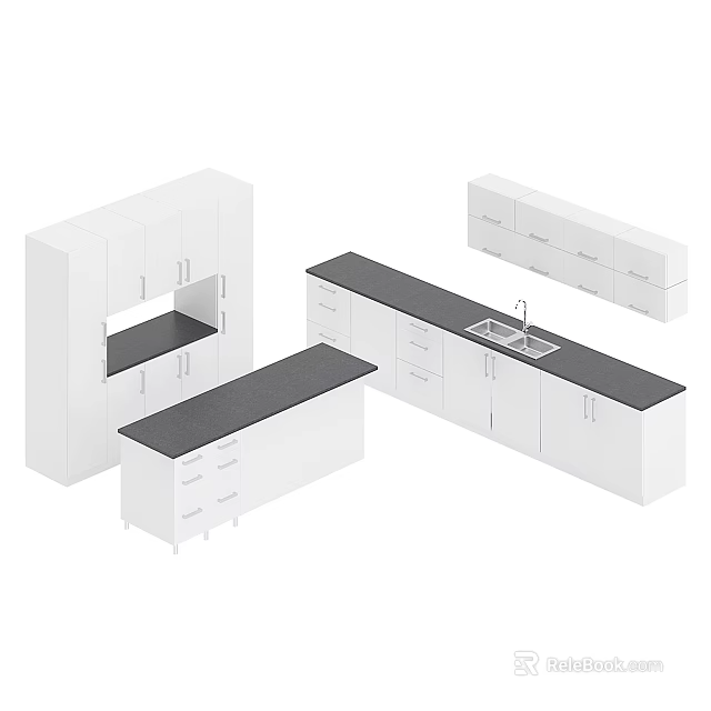 Modern White Kitchen Cabinets With Black Countertops Drawers And Island Design 3d model 