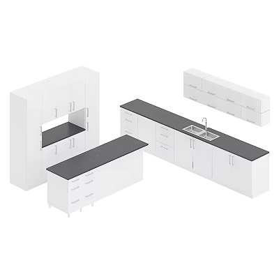 Modern White Kitchen Cabinets With Black Countertops Drawers And Island Design 3d model