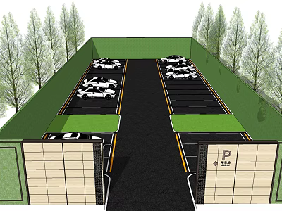 Covered Parking Lot With Green Roof Trees And White Cars At Fee Entrance 3d model