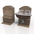 Vintage Carved Stone Washbasin Components With Decorative Base And Metal Faucet