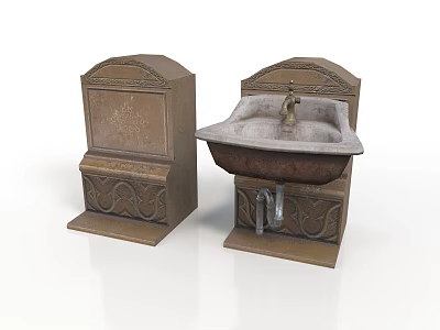 Vintage Carved Stone Washbasin Components With Decorative Base And Metal Faucet 3d model