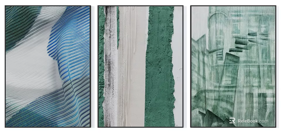Three Abstract Artworks With Striped Vertical Textured Patterns Blue Green White 3d model