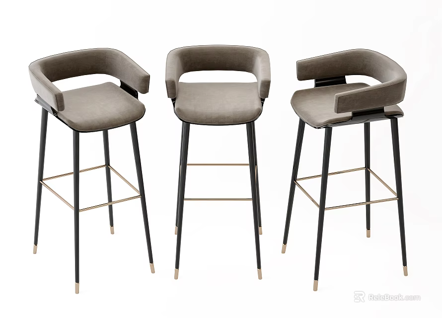 Modern Gray Upholstered Bar Stools With Curved Armrests And Black Metal Legs 3d model 