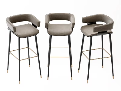 Modern Gray Upholstered Bar Stools With Curved Armrests And Black Metal Legs 3d model