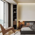Modern Bedroom Interior With Bed Nightstand Table Lamp Wall Art Dressing Table Bookshelves And Rug