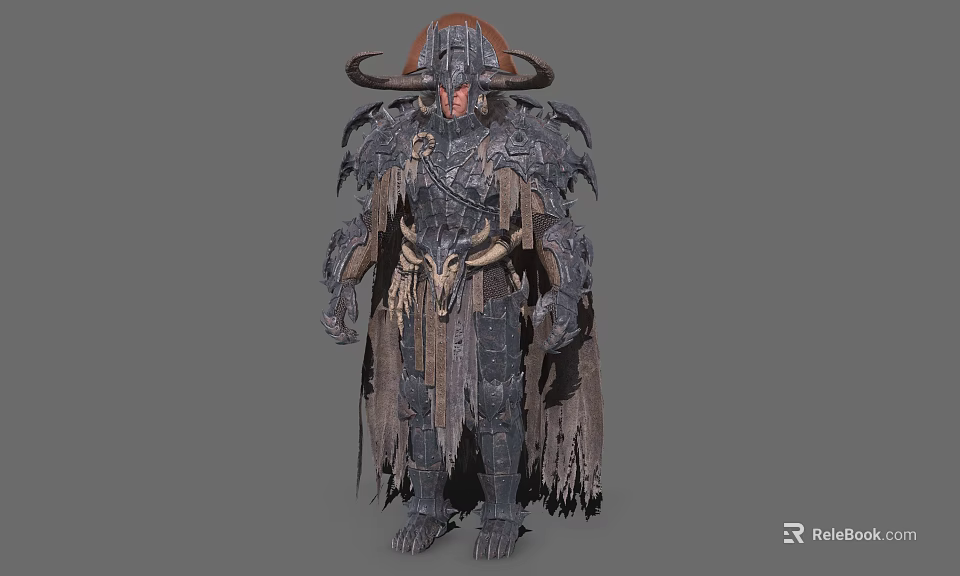 Dark Fantasy Game Movie Character With Horned Helmet Tattered Armor And Decorative Fringes 3d model 