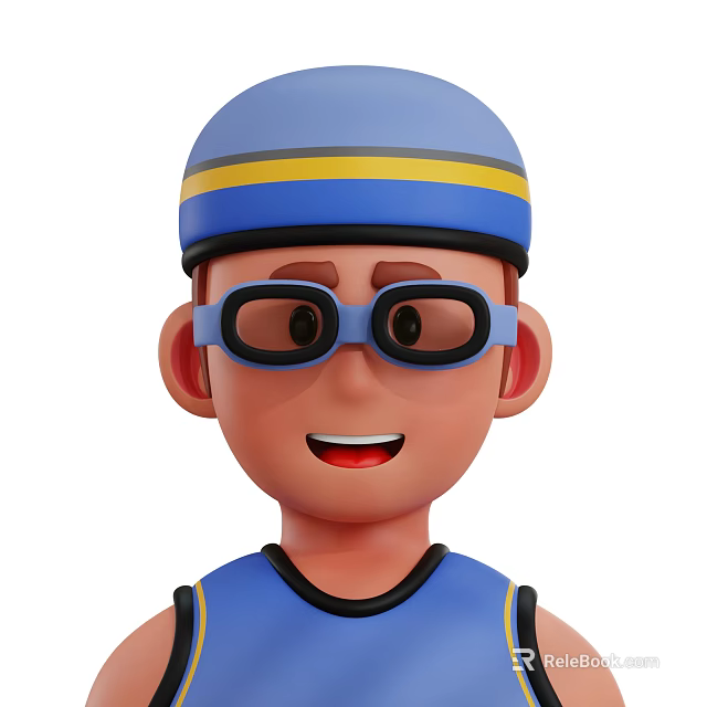 Cartoon Character Wearing Blue Cap With Yellow Stripe And Blue Glasses Smiling In Blue Vest 3d model 