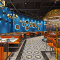 Modern Restaurant Interior Design With Ornate Ceiling Orange Seats And Patterned Floor Tiles 3d model
