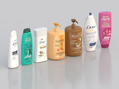 Bathroom Essentials Featuring Various Shampoo And Body Wash Bottles Of Different Brands 3d model