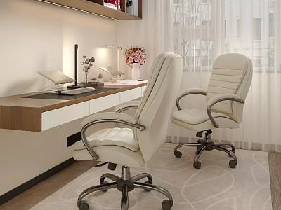 Modern White Leather Office Chairs In Bright Home Office With Wooden Desk And Lamp 3d model