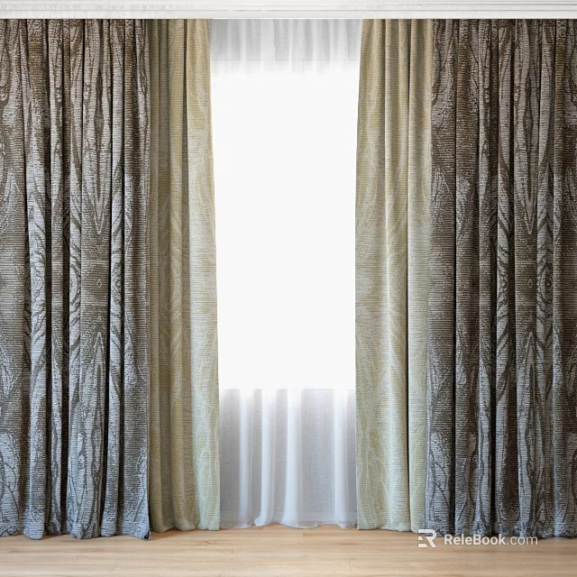 Layered Textured Beige Brown Curtains With Sheer White Fabric For Window 3d model 