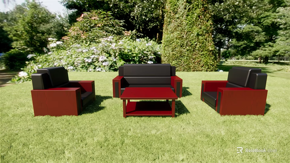 Black and Red Sofa Coffee Table Set on Green Lawn with Lush Greenery and Trees 3d model 