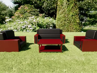 Black and Red Sofa Coffee Table Set on Green Lawn with Lush Greenery and Trees 3d model