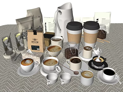 Assorted Coffee Beverages With Cups Beans Pot Bags And Latte Art 3d model