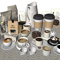 Assorted Coffee Beverages With Cups Beans Pot Bags And Latte Art