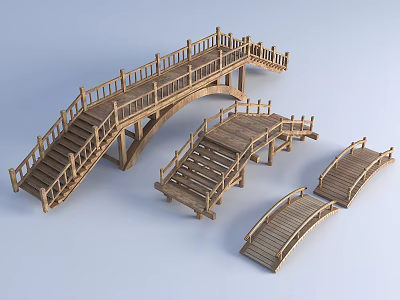 Wooden Landscape Bridges with Various Arch and Staircase Designs 3d model