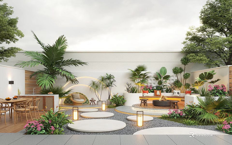 Tropical Garden Design With Stone Paths Lanterns Seating Area Lush Plants And Colorful Flowers 3d model 