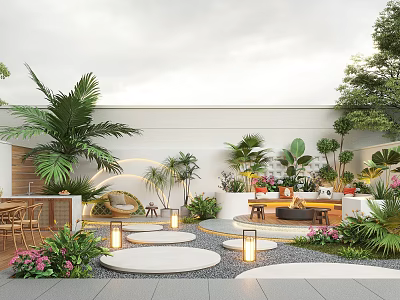 Tropical Garden Design With Stone Paths Lanterns Seating Area Lush Plants And Colorful Flowers 3d model