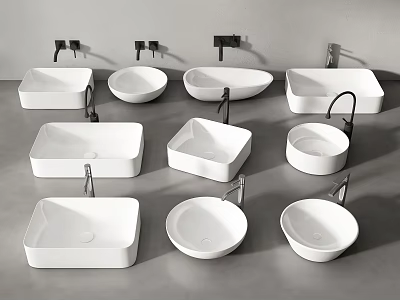 Various Shaped White Washbasins With Black Faucets On Grey Countertop 3d model