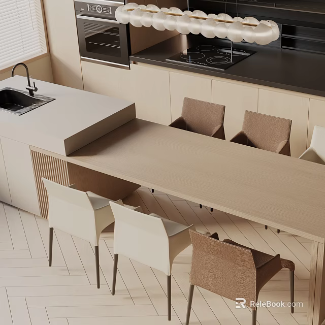 Modern Light Wood Dining Table Set With White And Brown Chairs In Open Kitchen Space 3d model 